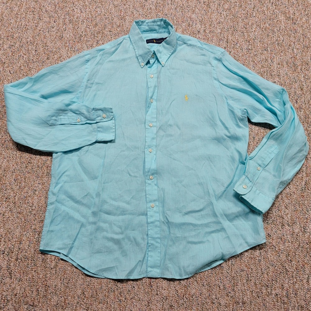 Ralph Lauren Linen Shirt Mens XL Blue Button Down Long Sleeve Pony Rugby Logo